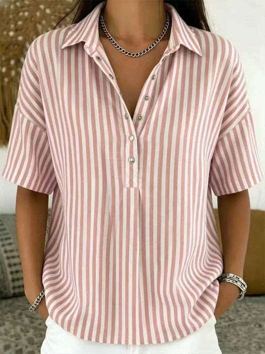 Emilia | Damen Gestreifte Relaxed-Fit Kurzarm-Bluse mit Polokragen