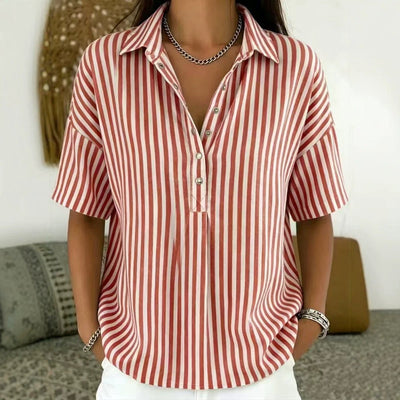 Emilia | Damen Gestreifte Relaxed-Fit Kurzarm-Bluse mit Polokragen