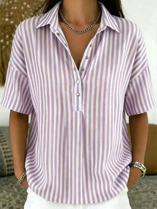 Emilia | Damen Gestreifte Relaxed-Fit Kurzarm-Bluse mit Polokragen