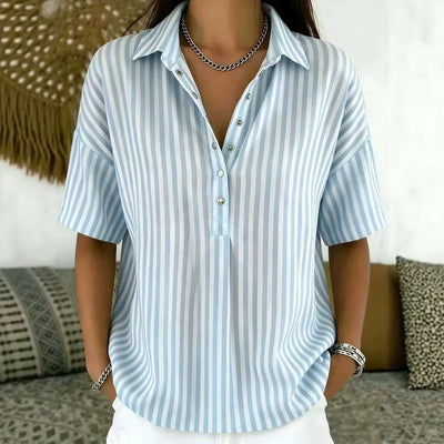 Emilia | Damen Gestreifte Relaxed-Fit Kurzarm-Bluse mit Polokragen