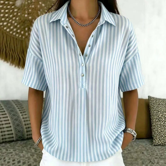 Emilia | Damen Gestreifte Relaxed-Fit Kurzarm-Bluse mit Polokragen