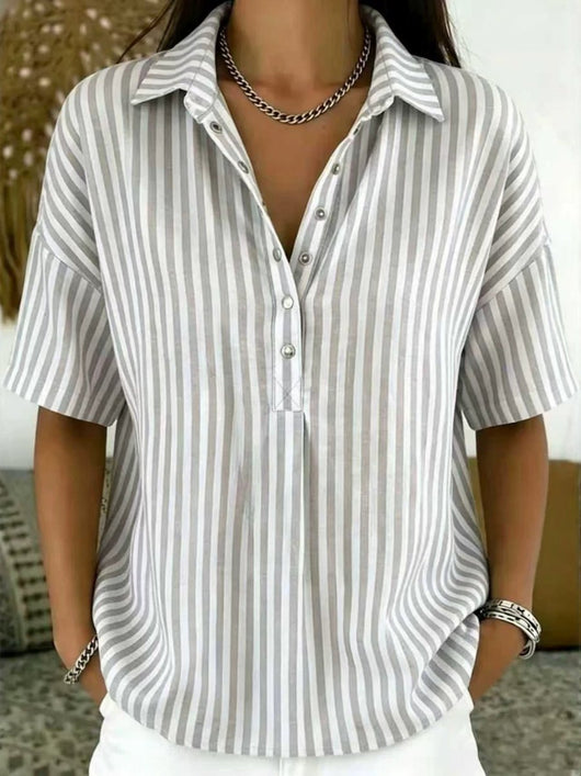 Emilia | Damen Gestreifte Relaxed-Fit Kurzarm-Bluse mit Polokragen