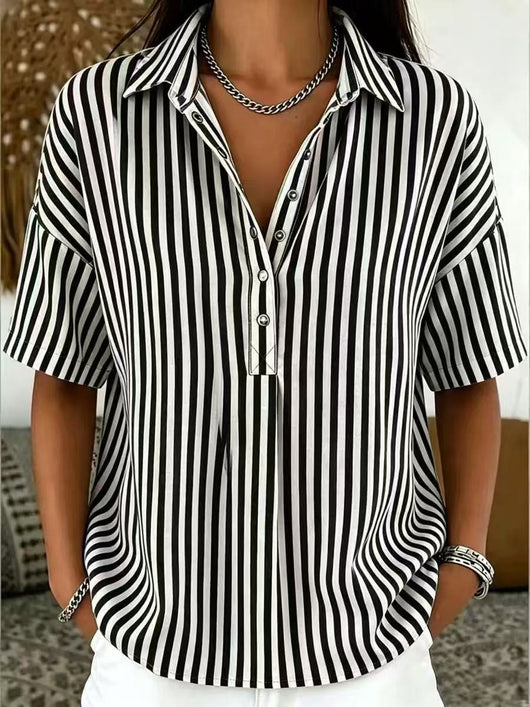 Emilia | Damen Gestreifte Relaxed-Fit Kurzarm-Bluse mit Polokragen