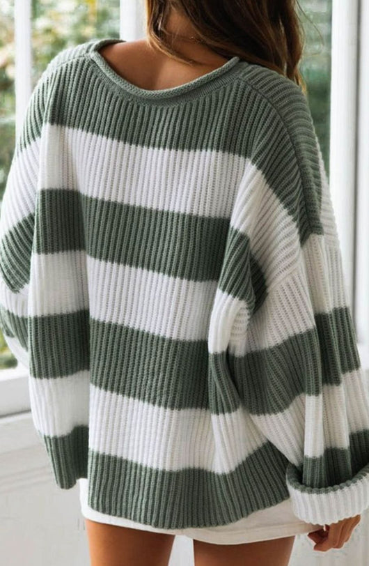 Greta | Damen Gestreifter Oversized Strickpullover Rundhalsausschnitt Langarm