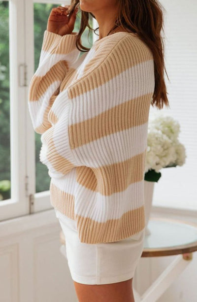 Greta | Damen Gestreifter Oversized Strickpullover Rundhalsausschnitt Langarm