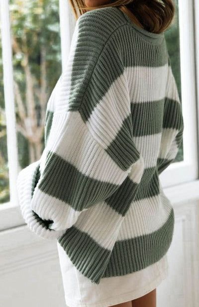 Greta | Damen Gestreifter Oversized Strickpullover Rundhalsausschnitt Langarm