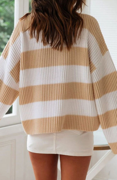 Greta | Damen Gestreifter Oversized Strickpullover Rundhalsausschnitt Langarm