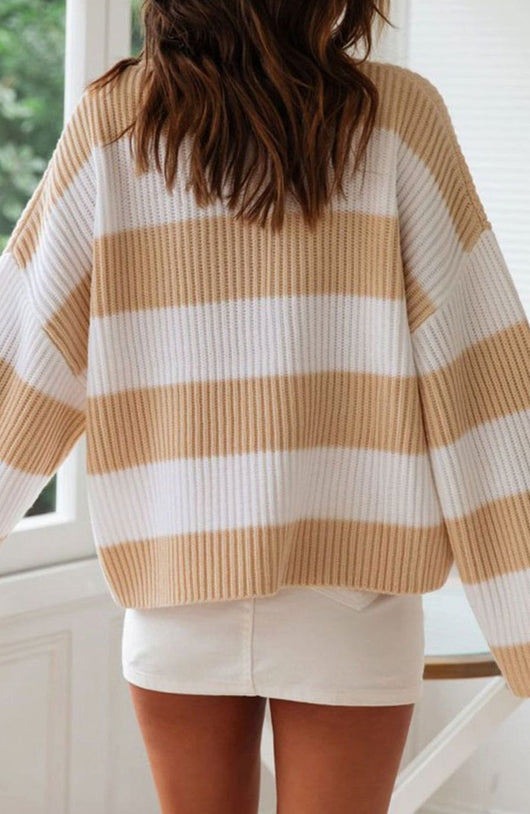 Greta | Damen Gestreifter Oversized Strickpullover Rundhalsausschnitt Langarm