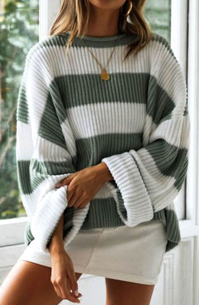 Greta | Damen Gestreifter Oversized Strickpullover Rundhalsausschnitt Langarm