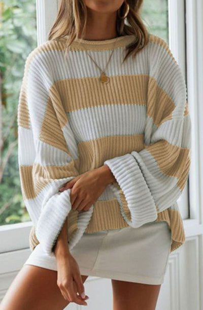Greta | Damen Gestreifter Oversized Strickpullover Rundhalsausschnitt Langarm