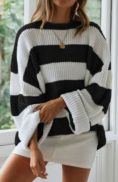 Greta | Damen Gestreifter Oversized Strickpullover Rundhalsausschnitt Langarm