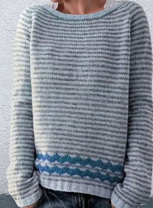 Marie | Damen Gestreifter Rundhals Strickpullover mit Wellenmuster