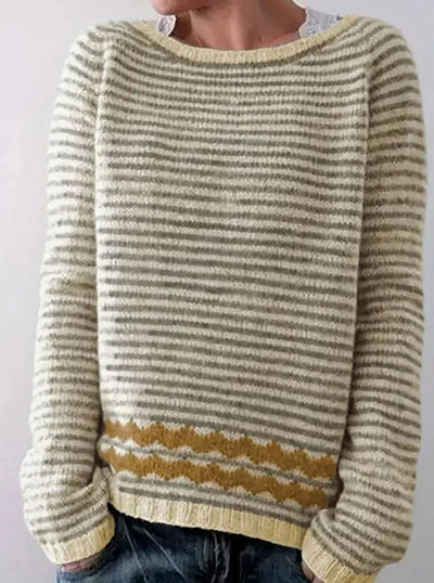 Marie | Damen Gestreifter Rundhals Strickpullover mit Wellenmuster