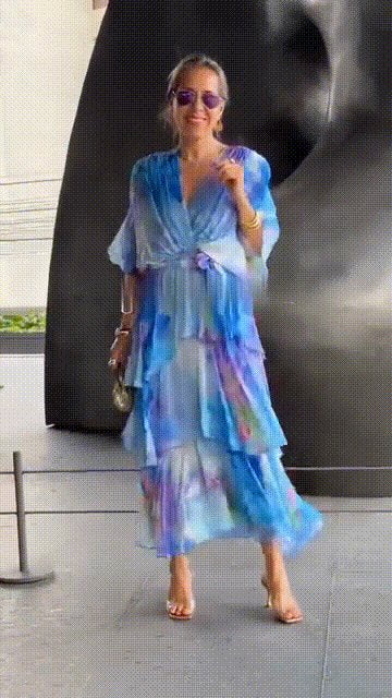 Lena | Damen Gestufte Chiffon Maxikleid Langarm V-Ausschnitt