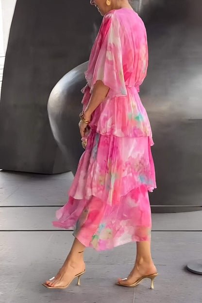 Lena | Damen Gestufte Chiffon Maxikleid Langarm V-Ausschnitt