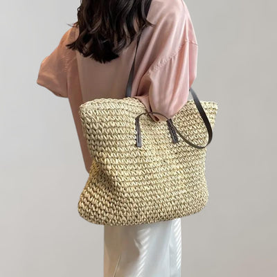 Johanna | Damen großer geflochtener Bohemian Stroh Tote Bag Schultertasche
