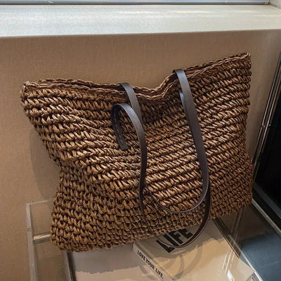 Johanna | Damen großer geflochtener Bohemian Stroh Tote Bag Schultertasche