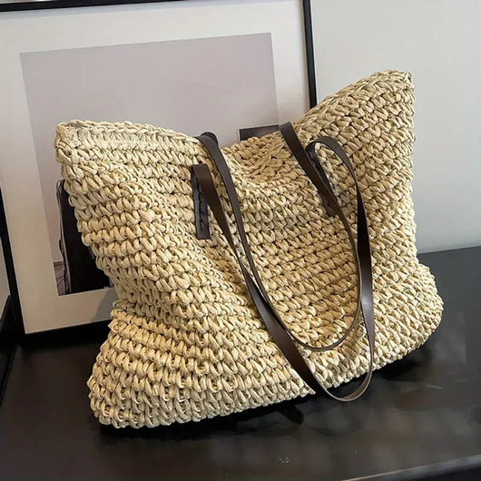 Johanna | Damen großer geflochtener Bohemian Stroh Tote Bag Schultertasche