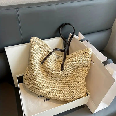 Johanna | Damen großer geflochtener Bohemian Stroh Tote Bag Schultertasche