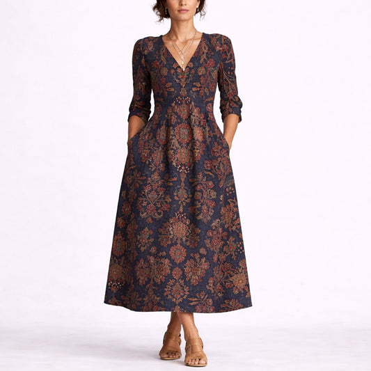 Elisabeth | Damen Herbst Hochzeitsgast Blumen Maxi-Kleid V-Ausschnitt Leinen