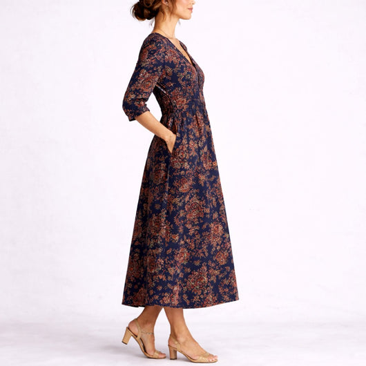 Elisabeth | Damen Herbst Hochzeitsgast Blumen Maxi-Kleid V-Ausschnitt Leinen