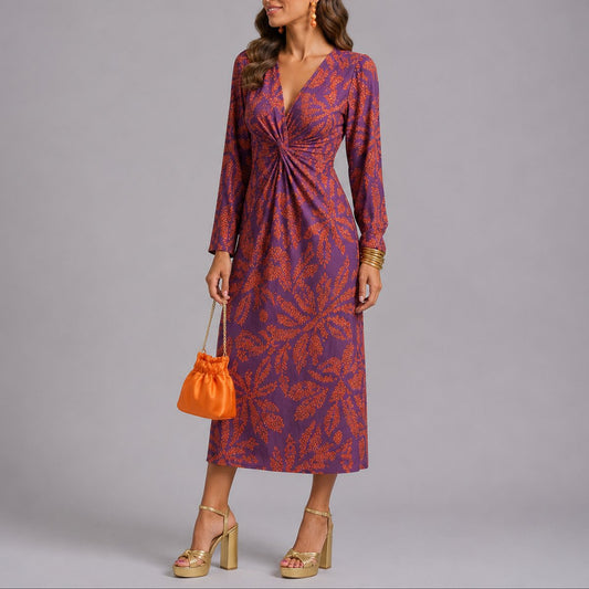 Sophie | Damen Herbst Hochzeitsgast Kleid Boho Blumen Twist Midi V-Ausschnitt