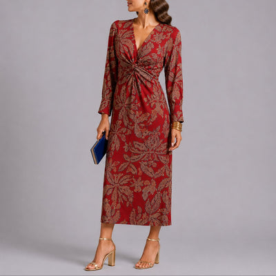 Sophie | Damen Herbst Hochzeitsgast Kleid Boho Blumen Twist Midi V-Ausschnitt