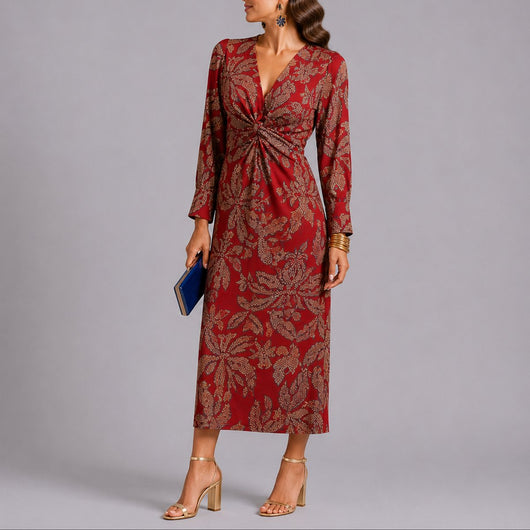 Sophie | Damen Herbst Hochzeitsgast Kleid Boho Blumen Twist Midi V-Ausschnitt