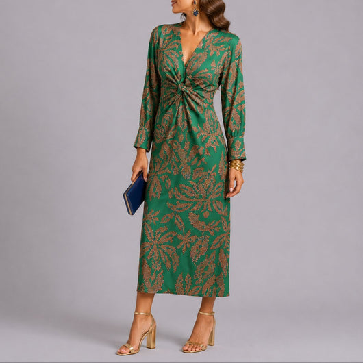 Sophie | Damen Herbst Hochzeitsgast Kleid Boho Blumen Twist Midi V-Ausschnitt