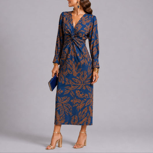 Sophie | Damen Herbst Hochzeitsgast Kleid Boho Blumen Twist Midi V-Ausschnitt