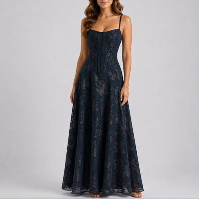 Marlene | Damen Herbst Hochzeitsgast Maxi Kleid Blumen Korsett Träger