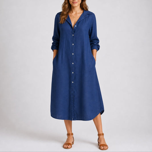 Charlotte | Damen Herbst Hochzeitskleid Langarm Hemdblusenkleid Midi Knopfleiste