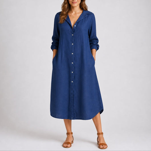 Charlotte | Damen Herbst Hochzeitskleid Langarm Hemdblusenkleid Midi Knopfleiste