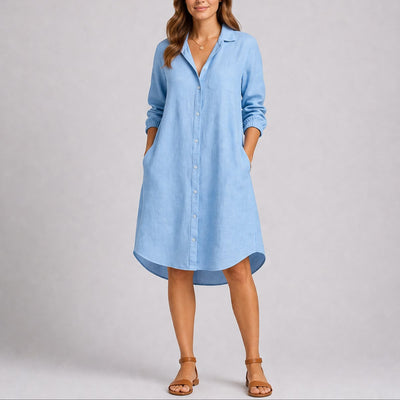 Charlotte | Damen Herbst Hochzeitskleid Langarm Hemdblusenkleid Midi Knopfleiste