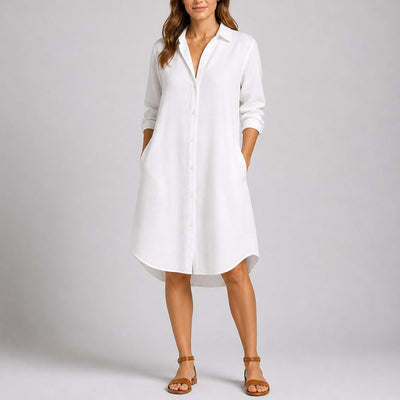 Charlotte | Damen Herbst Hochzeitskleid Langarm Hemdblusenkleid Midi Knopfleiste