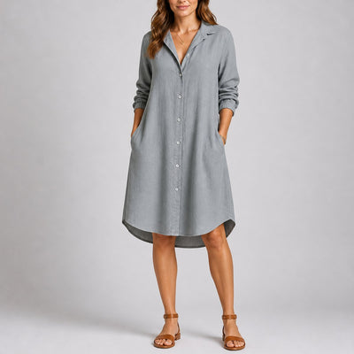 Charlotte | Damen Herbst Hochzeitskleid Langarm Hemdblusenkleid Midi Knopfleiste