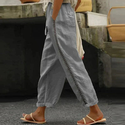 Mia | Damen High-Waist Leinen-Hose mit seitlichen Knöpfen
