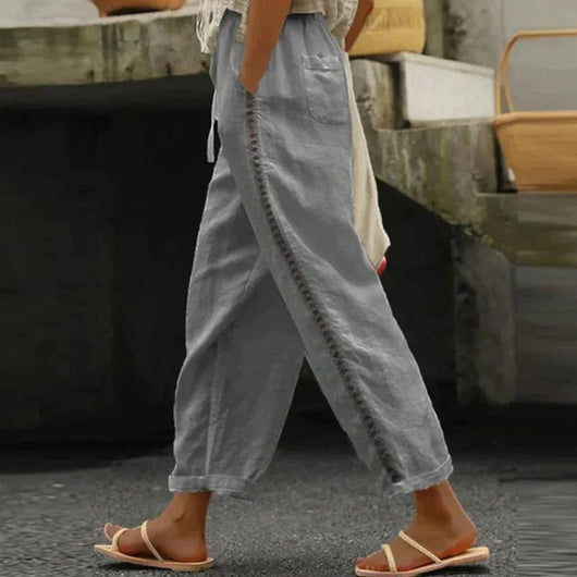 Mia | Damen High-Waist Leinen-Hose mit seitlichen Knöpfen