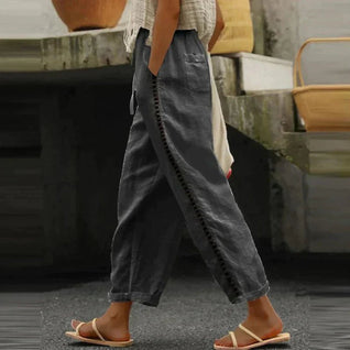 Mia | Damen High-Waist Leinen-Hose mit seitlichen Knöpfen
