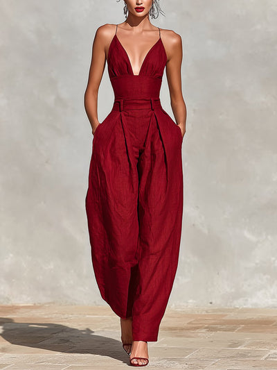 Clara | Damen High-Waist Leinen Wide-Leg Spaghetti-Träger Jumpsuit