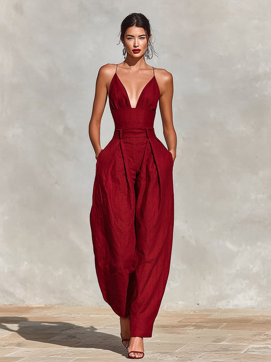 Clara | Damen High-Waist Leinen Wide-Leg Spaghetti-Träger Jumpsuit