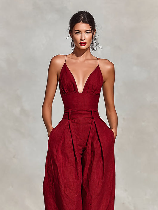 Clara | Damen High-Waist Leinen Wide-Leg Spaghetti-Träger Jumpsuit