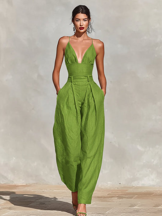 Clara | Damen High-Waist Leinen Wide-Leg Spaghetti-Träger Jumpsuit