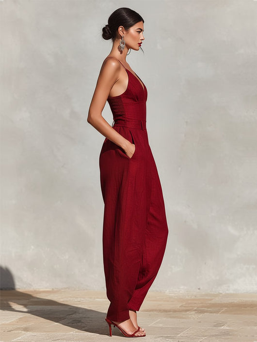 Clara | Damen High-Waist Leinen Wide-Leg Spaghetti-Träger Jumpsuit