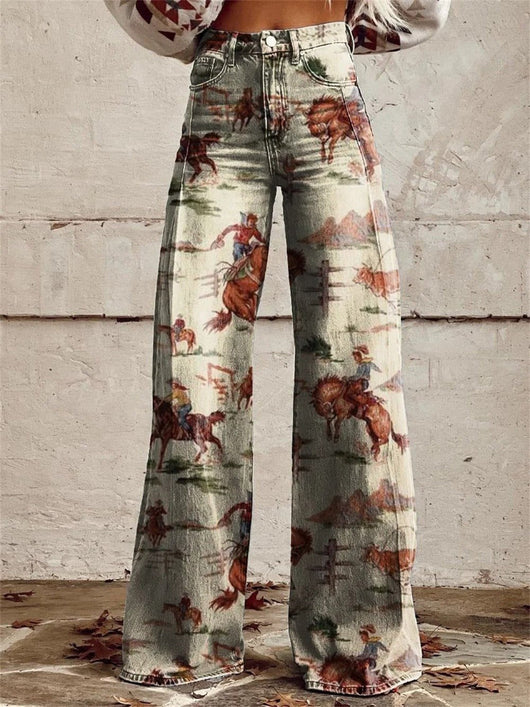 Marie | Damen High-Waist Western-Print Denim Marlene-Hose