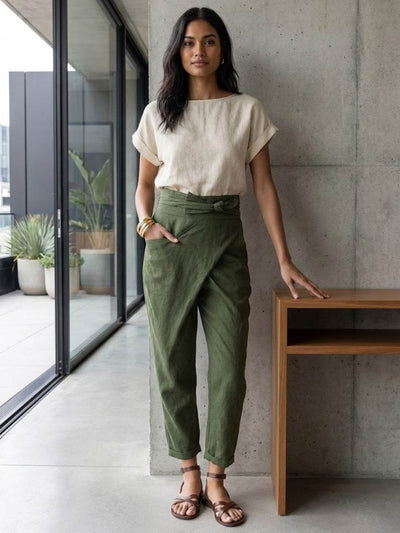 Nora | Damen Highwaist Wickelhose Cropped Tapered Schleifenbund