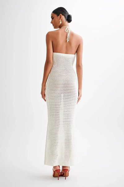 Nora | Damen Häkelstoff Neckholder Rückenfreies Maxikleid Knöchellang