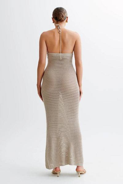 Nora | Damen Häkelstoff Neckholder Rückenfreies Maxikleid Knöchellang