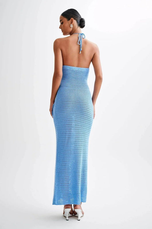 Nora | Damen Häkelstoff Neckholder Rückenfreies Maxikleid Knöchellang