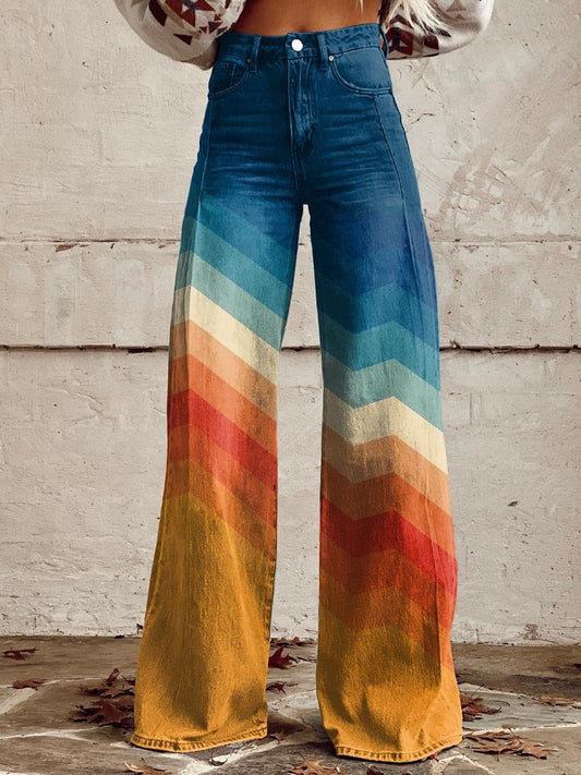 Mia | Damen Hochbund Wide-Leg Jeans Chevron Farbverlauf Retro